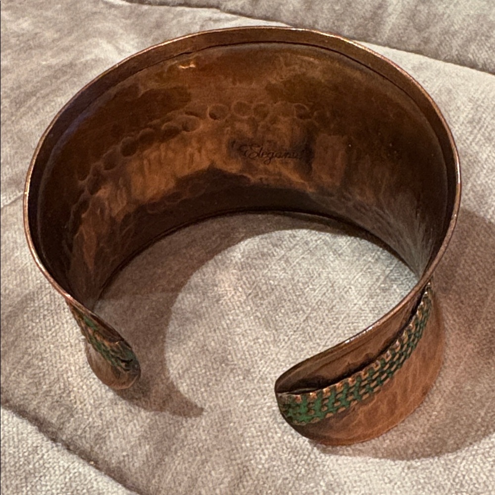 Artisan Hammered Copper Cuff Bracelet with Green Accented Design 7-8” Adjustable - Picture 3 of 8